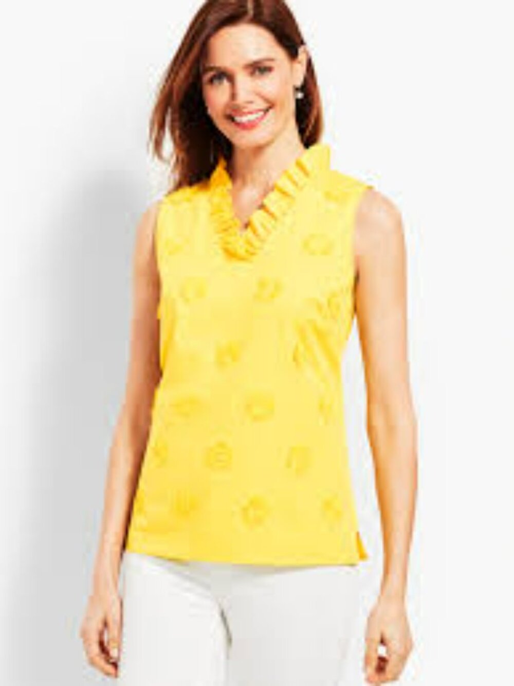 Talbots Yellow Ruffle Neck Sleeveless Top Large Feminine Lightweight Career